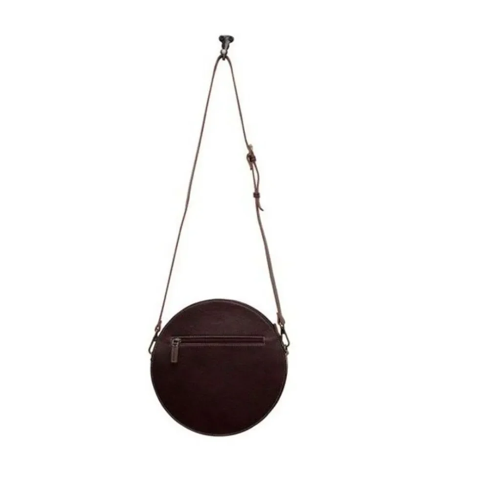Myra Bag Handmade Lily Bloom Round Bag Upcycled Canvas & Cowhide Leather